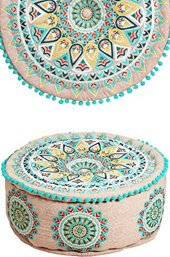 Marrakesch Runder Pouf Hocker aus Baumwolle inklusive Füllung Badar -2- ø 50cm Rund | Boho Deko Sitzkissen Bodenkissen | Sitzpuff Sitzhocker Fusshocker Bestickt Wohnzimmer Deko