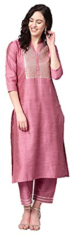 Vastraghar Kurta Set da Donna Indiano Designer Abiti Kurti Top Tunica Kurta con Pantaloni Palazzo Set Abbigliamento da Festa, Rosa, Medium