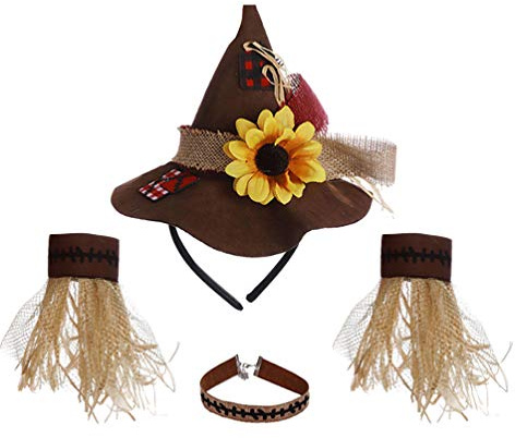 TOYANDONA Sombrero de bruja 4 piezas en 1 juego de accesorios de disfraz de Halloween, sombrero de paja, pulsera, collar, decoración de cosplay para adultos, carnaval, espantapájaros
