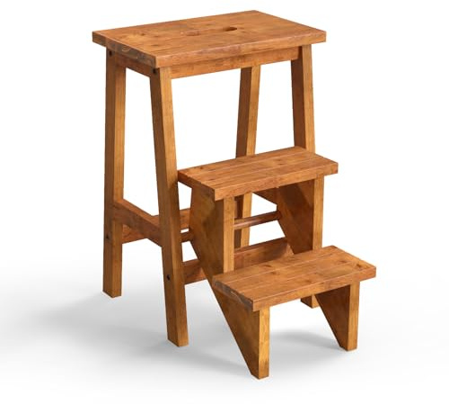 Costzon Folding 3 Step Stool, 3 in 1 Wooden Step Ladder with Handle, Non-Slip Pedal, Multifunctional Storage Shelf, Flower Rack for Kitchen, Library, Garage, Foldable Step Stool for Adults Kids