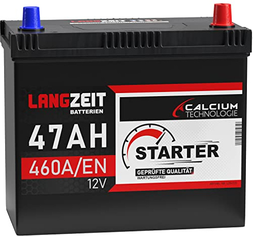 LANGZEIT ASIA Autobatterie 47Ah 12V Batterie Plus-Pol Rechts ersetzt 45Ah
