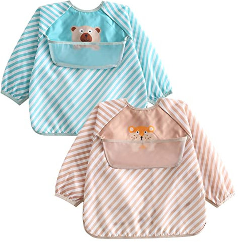 Happy Cherry- Wasserdicht Ärmellätzchen 2er Pack Baby Lätzchen mit Ärmeln Drool Lätzchen mit Reversibel Brusttasche Fütterung Latz Abwaschbar Schürze für Jungen Mädchen Kinderschürze für 0-5 Jahre