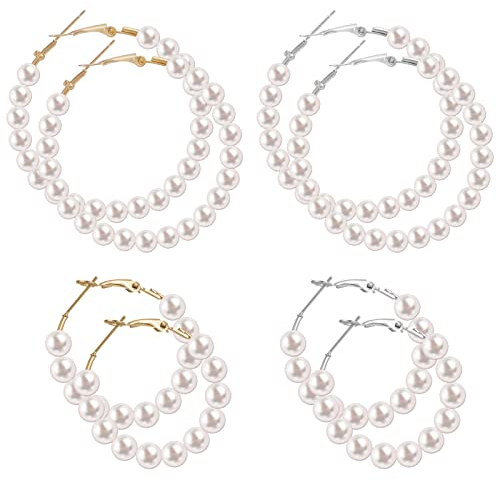 Yolev 4 Paires Boucles D'oreilles Créoles Perles pour Femmes Ouvertes Grand Cerceau Boucles D'oreilles Rondes de Perles Fausses Boucles D'oreilles Perlées Bijoux Cadeaux Femme
