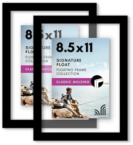 Americanflat 8.5x11 Floating Picture Frame with Polished Crystal-Clear Glass - Set of 2 - Use as 5x7 Frame or Display 4x6 Photo - Signature Float Collection - Photo Frames for Wall Display - Black