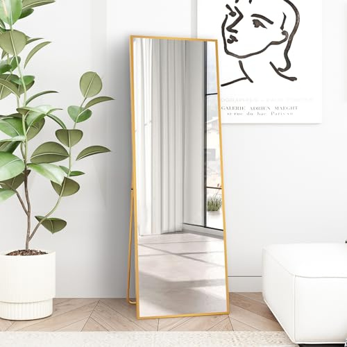 AUFHELLEN Standspiegel mit Gold Metallrahmen 150x40cm Ganzkörperspiegel | Rahmen aus Aluminiumlegierung, Gehärtetes Glas, Stehend Lehnend oder Hängend an der Wand für Schlafzimmer, Wohnzimmer Flur
