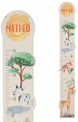 Kinder Messlatte 'Savanne' aus Holz mit eigenem Namen personalisiert, Motiv: Tiere aus Afrika, Giraffe, Nashorn, Tiger, ca. 15 x 100 cm