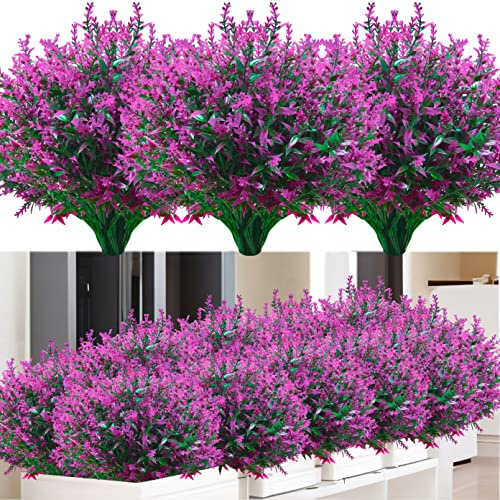 Kinisty Kunstblumen für Außen 12 Bündel Lavendel Künstliche Blumen Wetterfeste Balkonpflanzen Künstliche Pflanzen Büsche für Outdoor Indoor Balkon Balkonkasten Blumenkasten, Fuchsie