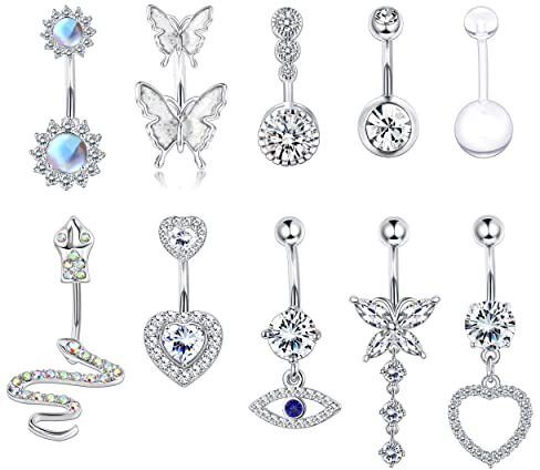 Milacolato 14G Bauchnabel Piercing Ring Belly Bar Kit Chirurgenstahl Edelstahl Dangle Bauchnabelpiercing Schmuck Lange Kette CZ Mondstein Schlange Herz Schmetterling Bauchnabel Pack Silber