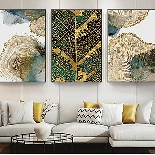 HEHGVCF 3er Poster Set Pflanzen, Abstrakt Leinwandbild Gold Grün Blätter Bilder,Moderne Wandbilder, Moderne Wanddeko für Wohnzimmer & Schlafzimmer,Ohne Bilderrahmen (Gold,60 x 90cm)
