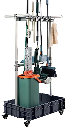 Broom mop Holder Cleaning Supplies Organizer Janitor carts on Wheels Housekeeping Station Storage Tools for Garage, Garden, Closet, Cabinet