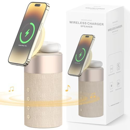 COLSUR Enceinte Bluetooth Haut Parleur Mag-Safe Chargeur Magnétique sans Fil 2 en 1 avec Veilleuse pour iPhone 17/16/15/14/13/12 AirPods Pro/4/3/2 Series-Beige