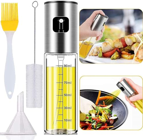 Lenfuos Spruzzatore olio spray in vetro 4 in 1 – gadget da cucina, 100 ml, con spazzola per olio da cucina, accessori per cucina, friggitrice ad aria calda, insalata, barbecue