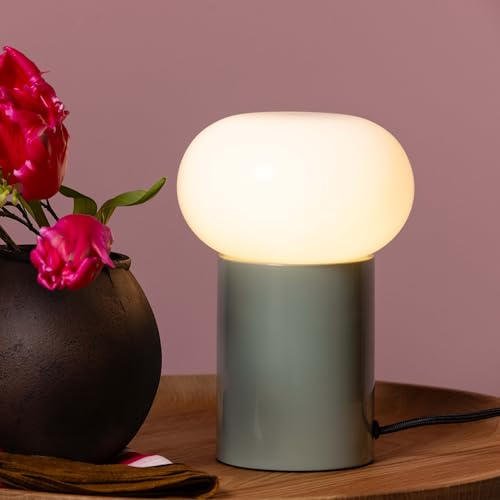 Lightbox Nachttischlampe - 25 cm Höhe - Ø 15 cm - moderne Tischleuchte mit | Tischleuchte mit weißem Glas, 25 cm Höhe, E27, grün