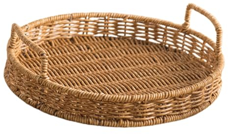 RORPOIR Double-Handled Woven Tray for Bread Fruit Snacks Eggs Imitation Rattan Storage Basket Multi-Use Serving and Organising Basket for Home