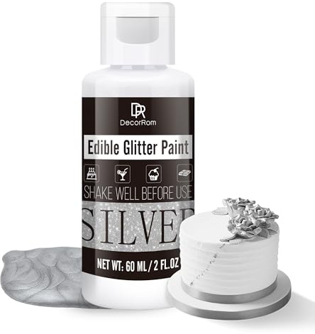 Flüssig Essbarer Glitzer - 60ml Metallisch Glitzerfarben Lebensmittelfarbe für Dekorieren von Kuchen, Backen, Cupcakes - Metallic Flüssiges Essbares Glitzerpulver für Kekse, Fondant, Torten (Silber)