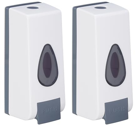 Relaxdays Wandseifenspender, 2er Set nachfüllbar, 350 ml, Wandmontage, manuell, Seifenspender HBT: 19x8x8 cm, weiß/grau