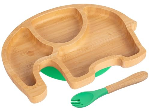 Tiny Dining 2pc Grün Bambus-Elefant-Baby-Entwöhnungsteller & Gabelsatz - Hölzern Geteilt Kleinkind Kinder Essen Fütterung Tablett - Silikon Saugnapf