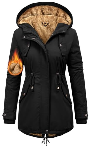 Nadeer Damen Wintermantel Winterjacke Gefüttert Parka mit Kapuze | Winterparka Kapuzenmantel Lang Fleece Warm, Wasserdicht, mit Reißverschluss und Taschen