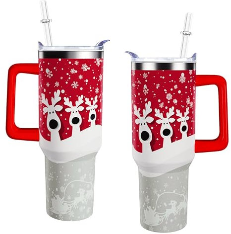 aiwkjdns Becher mit Henkel und Strohhalm, 1,2 l, Edelstahl, Weihnachts-Kaffeetasse, Last-Minute-Weihnachtsgeschenkideen, 1,2 l