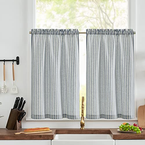 TOPICK Kitchen Curtains, Striped Cafe Curtains, W26 xL45 Blue 2 Panels