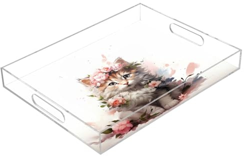 Beaux plateaux de service en acrylique motif chat floral, plateau rectangulaire transparent avec poignées, plateau de service pour table basse, cuisine, salle de bain