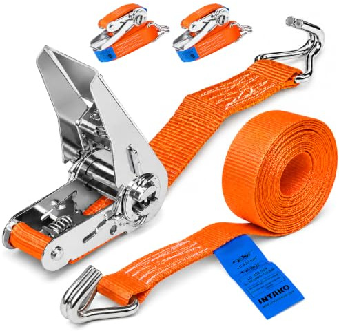 INTAKO Spanngurte mit Ratsche und Haken 4m (3,5m + 0,5m) - 800kg 25mm - TÜV & DIN Geprüft - 2-teilig Zurrgurte, Ratschengurte, Spanngurt für Anhänger (Orange, 4m (2 Stück))