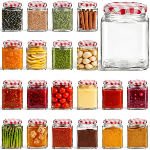 Danmu Art 48Pack Glass Jam Jars with Red Gingham Lid-Airtight 280ml/9.5oz Jars with Lid for Homemade Jam,Marmalade, Preserves, Chutneys, Pickle,Ketchups,and Kimchi Honey, Coffee & Bulk Foods(Empty)