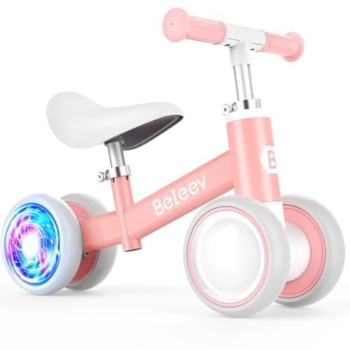 BELEEV B3 Bicicleta sin Pedales para Niños a Partir de 1-3 Año de Equilibrio, con LED Luces Ruedas, Asiento y Manillar Ajustables, 4 Ruedas Silenciosas, Juguetes Bebes Niños Niñas de 10-36Meses