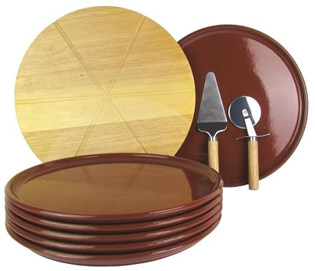 Lentz Juego de 6 platos de pizza de 32 cm de diámetro, incluye tabla de madera auténtica, cortador de pizza y cortador de pizza de acero inoxidable