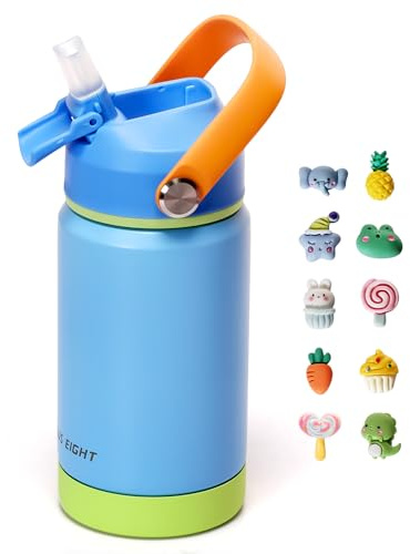 pluseight Bouteille d'eau isotherme pour enfants avec couvercle à paille, 350 ml, gobelet sous vide à double paroi sans BPA en acier inoxydable 18/8 anti-fuite avec paille pour l'école, les voyages