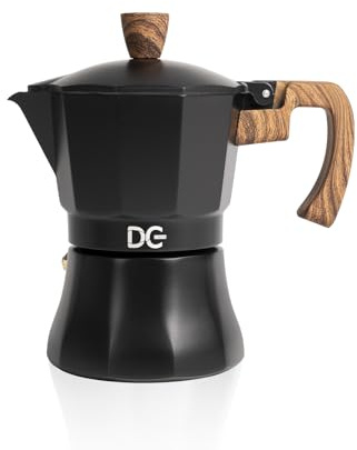 Dc Casa Caffettiera Linea BlackWood – Moka Elegante in Alluminio Nero con Manico in Legno Atermico – Design Moderno per Espresso Italiano a Casa (3 Tazze)