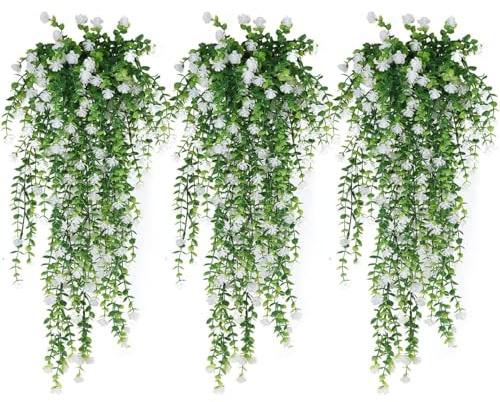 Denxahao 3PCS kunstblumen Hänge Blumen kunstpflanze Künstliche Hängepflanzen Efeu Künstlich Kunststoff Rattan Ranken Künstliche Kamelien Blumen für Haus Garten Hochzeit Party Deko (Weiß)