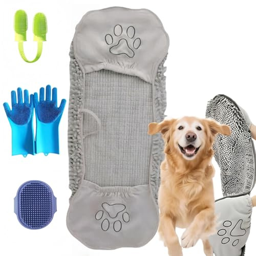 4-in-1 Dog Bath Towel & Grooming Kit, 30 × 12.6 in Ultra Absorbent Microfiber Dog Bath Towel with Hand Pockets, Silicone Bath Gloves, Finger Toothbrush, and Handheld Deshedding Brush for Dogs & Cats