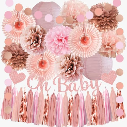 Babyparty Deko Rosa Babyparty Deko Mädchen Rosegold Babyshowerparty Deko Rosa Pastell Oh Baby Shower Deko Girl Pompons Altrosa mit Girlande Oh Baby Rose Gold Quaste Hellrosa