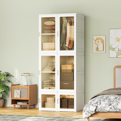 DAHUEN Armario plegable, con 10 compartimentos, 6 puertas, 1 suspensión, sin montaje, espacio de almacenamiento superior, armario multiusos, para salón o dormitorio, material PP (blanco, 170 x 69 x 50