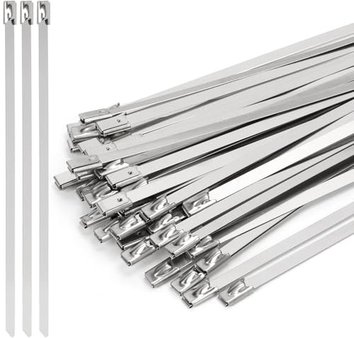 Rustark Juego de 100 bridas de acero inoxidable 304 de 300 mm, bridas de metal autobloqueante, bridas de alambre resistentes para envoltura de escape, maquinaria de vehículos