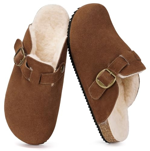 Pantuflas Invierno para Hombre Mujer Zuecos y Mules de Piel con Corcho Cerradas Zapatillas de Casa Cálido y Cómodas con Hebilla Ajustables Marrón Rojo 43