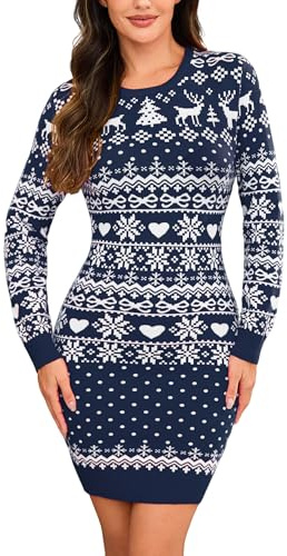 Wayleb Weihnachtskleid Damen Strickkleid Merry Christmas Rentier-Motiv Rundhals Langarm Pulloverkleid Festlich Elegante Winterkleider Frauen Sweater Kleider für Weihnachten Party Alltag S-3XL