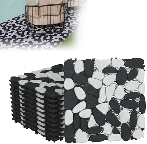 LZQ Modulare Naturstein Klickfliesen 30x30 cm – 11 Stück/Packung (≈1m²) – einfache Verlegung robust & wetterfest für Terrasse & Outdoor-Boden (Schwarz-Weiß)
