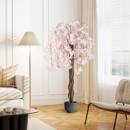 GIANTEX Arbre de cerisier artificiel 163 cm, plante décorative imitation fleurs rose/blanches, tronc en bois royal, vase rempli de ciment, arbre réaliste pour décoration de maison, bureau (blanc)