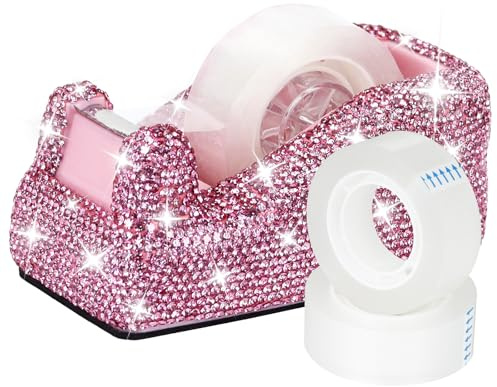 Buqoo Pink Bling Rhinestones Tape Dispenser, Crystal Sparkly Handmade Diamond Desktop Tape Dispenser for Desk, Glitter Tape Holder Cutter for School Home N Office Supplies