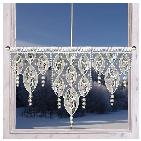 Deko-Set Scheibengardine Glockenzauber Sternenlicht Vogtländische Spitze - Winter-Scheibenhänger Glöckchen modern individuelle Deko | Gestickte Kurzgardine Advent Weihnachten weiß-grün-gold