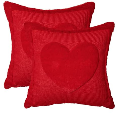 Artoid Mode Lot de 2 housses de coussin décoratives en fourrure synthétique douce - Motif cœur rouge - 45 x 45 cm - Jacquard - Pour canapé