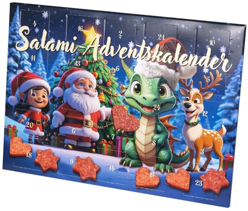 WURSTBARON® Draco Salami Adventskalender – 24 Mini Wurst Sterne und Herzen, Snacks und Leckereien für Kinder zu Weihnachten – hochwertige Qualität und rauchige Aromen, 40,8 g