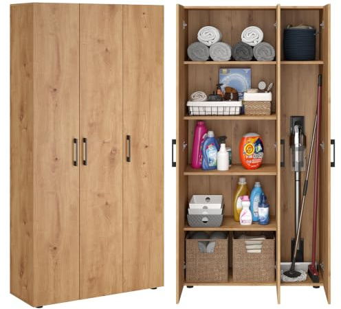 Bellamio Apol Besenschrank 90 cm breit, Eichenoptik, mit Staubsaugerfach | Mehrzweckschrank, Putzschrank, Vorratsschrank Küche, Aktenschrank Holz, Flurschrank, Aufbewahrungsschrank, Haushaltsschrank