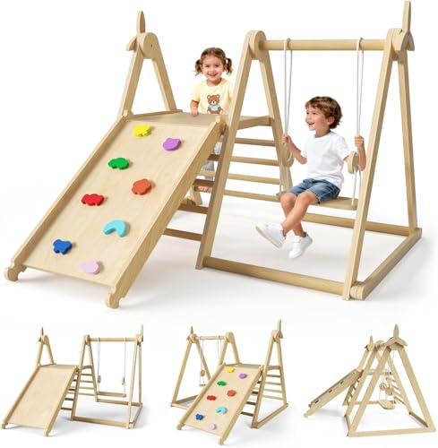5-in-1 Toddler Climbing Frame,Foldable Wooden Gym Swing Slide ladder Board Windmill Triangle Enhancing Children's Cognitive Abilities Indoor Montessori for Babies 1-6 Years Old