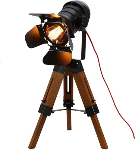 Lámpara de trípode vintage, lámpara de pie retro, altura regulable, foco de película, lámpara de madera, lámpara de lectura, lámpara de trípode antigua, para dormitorio, salón, comedor, oficina (sin