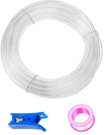 HUAZIZ 50 m transparent PU pneumatisk slang, pneumatisk polyuretanslang, flexibel tryckluftsslang, yttre 6 mm x inre 4 mm + 1 st blå slangskärare + 1 st rosa teflonband