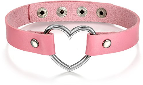 JewelryWe Bijoux Collier Ras du Cou Femme Fille Charme Coeur Réglable Cuir Alliage Fantaisie Couleur Rose avec Sac Cadeau