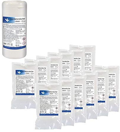 KK Desinfektionstücher Set, praktische Spenderdose mit 120 Desinfektionstüchern und 12 Nachfüllbeutel mit 120 gebrauchsfertigen Tüchern, Duftsorte: Classic, Flächendesinfektionsmittel